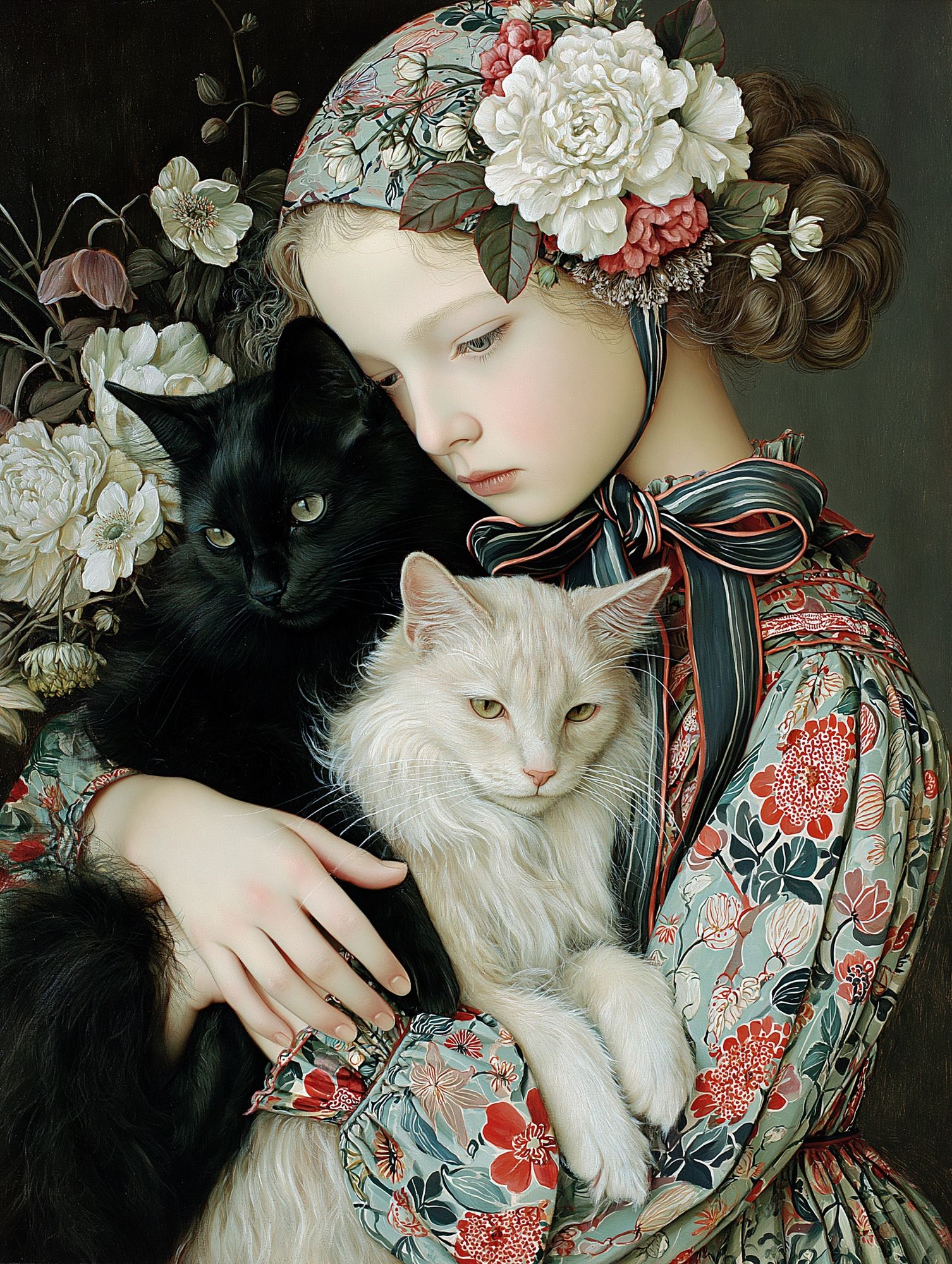 Floral Girl with Cats Illustration Poster. poster — illustration art