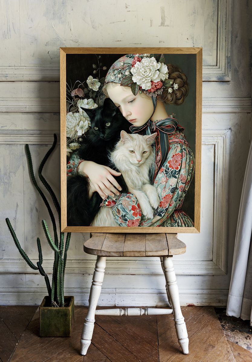 Floral Girl with Cats Illustration Poster. room preview