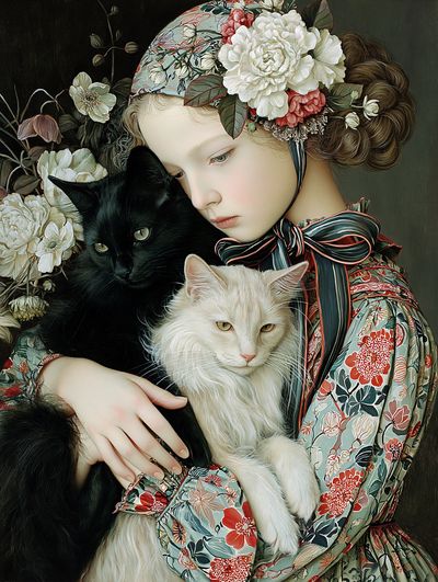 Floral Girl with Cats Illustration Poster. poster