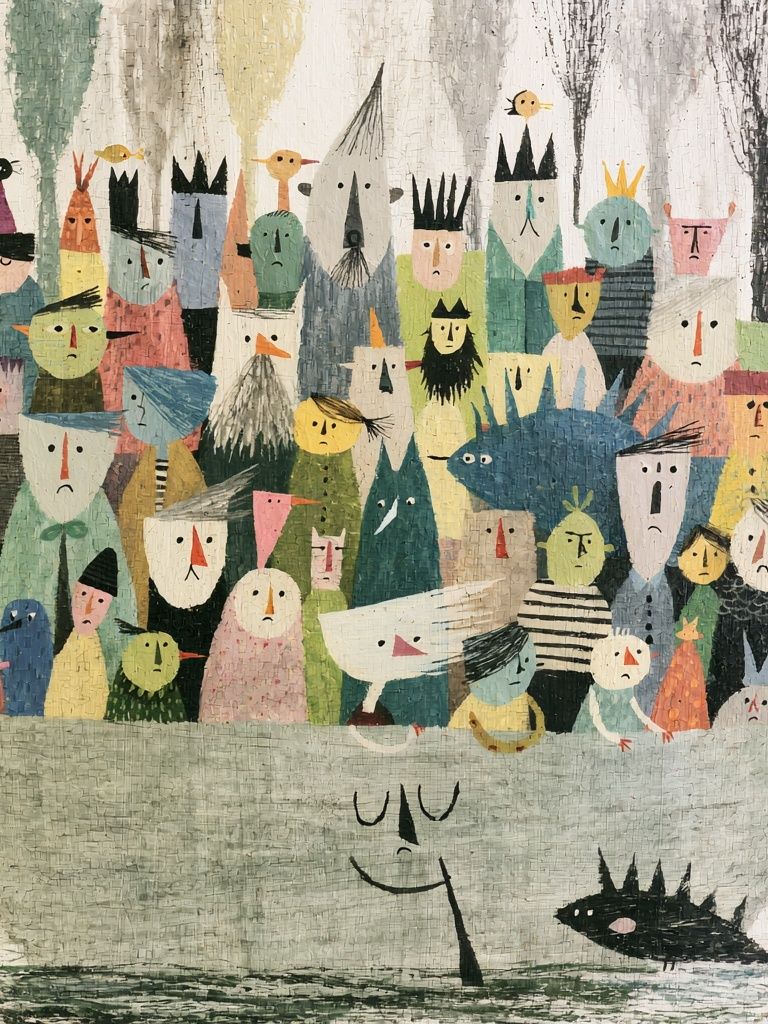 Whimsical Boat Crowd Illustration Poster. poster — illustration art
