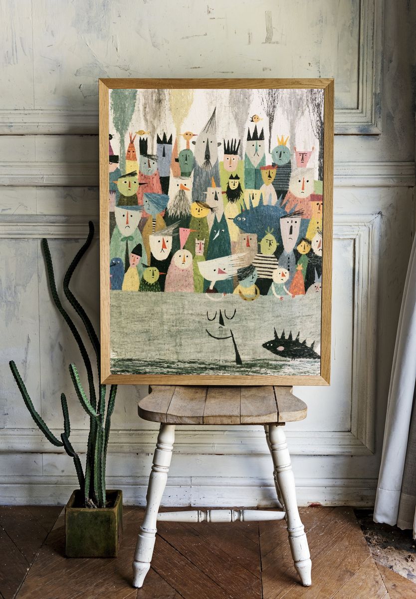 Whimsical Boat Crowd Illustration Poster. room preview