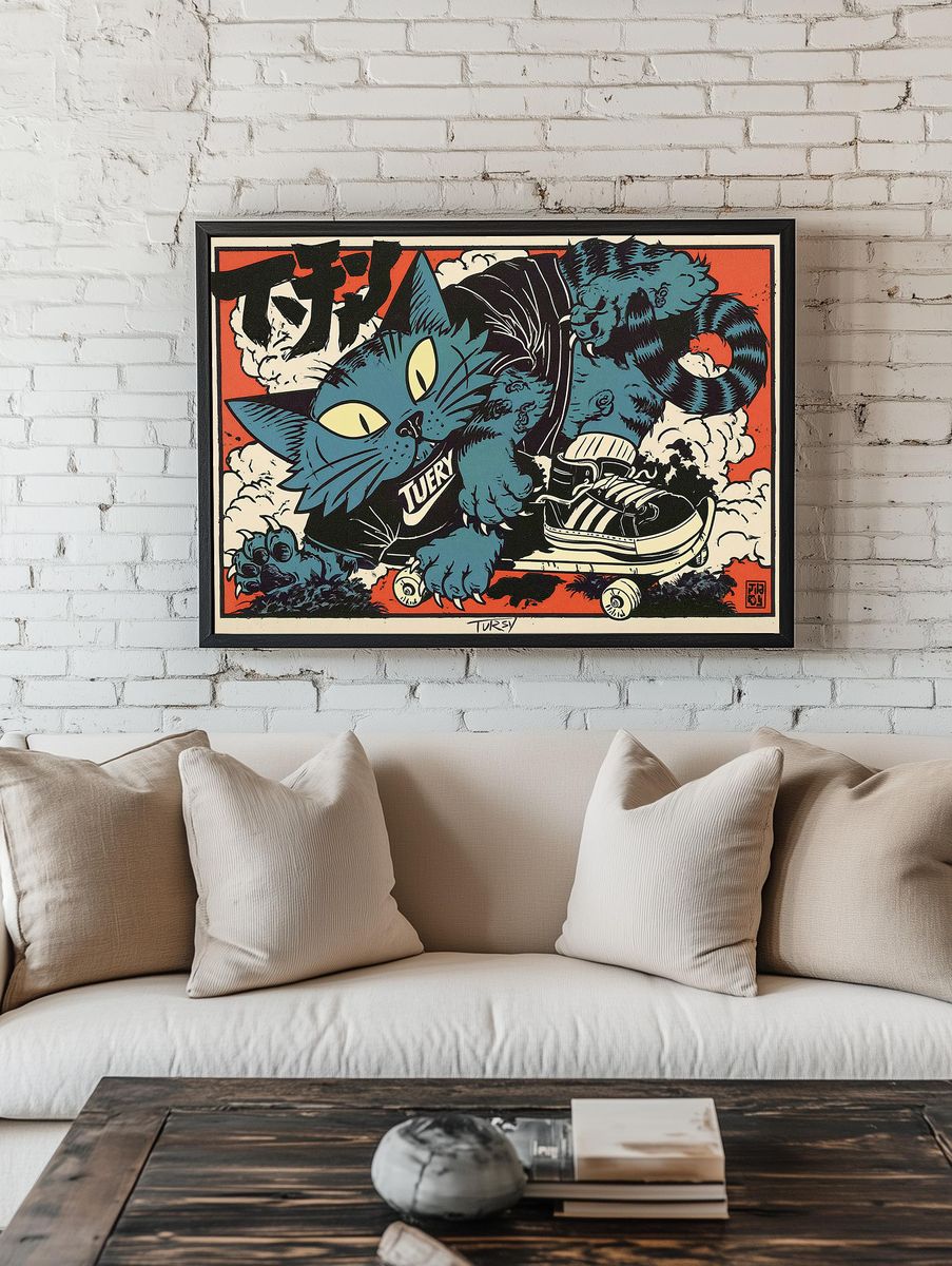 Blue Cat Skateboard Illustration Poster. room preview