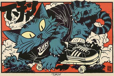 Blue Cat Skateboard Illustration Poster. poster print