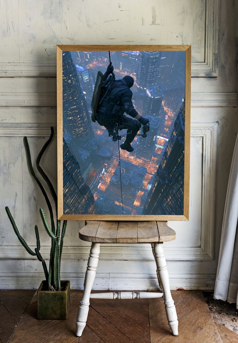 Cyberpunk Rooftop Rappel Poster. room preview
