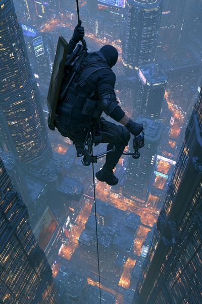 Cyberpunk Rooftop Rappel Poster. poster print