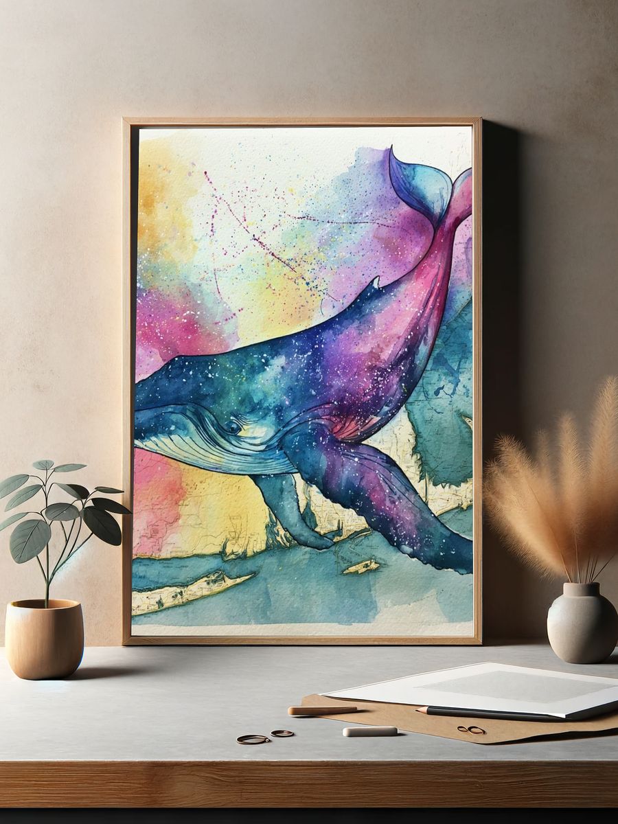 Cosmic Whale Watercolor Poster. — room view 2