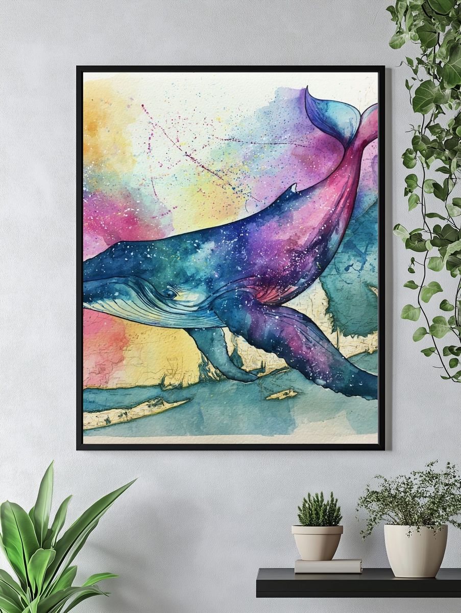 Cosmic Whale Watercolor Poster. — room view 4