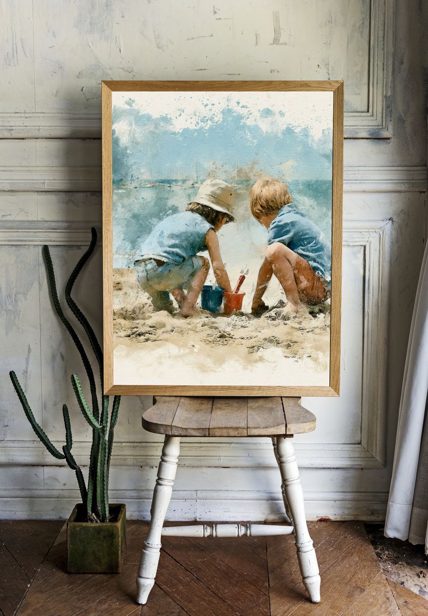 Children at the Beach Watercolor Print. — room view 1