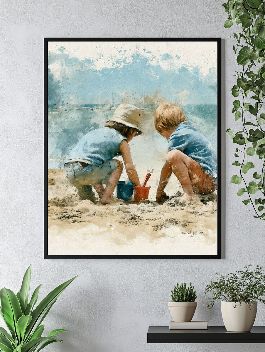 Children at the Beach Watercolor Print. — room view 4