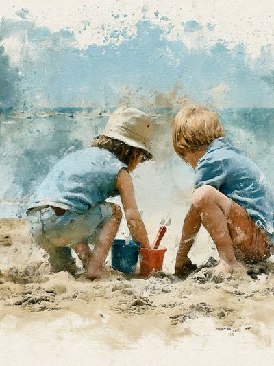 Children at the Beach Watercolor Print. poster