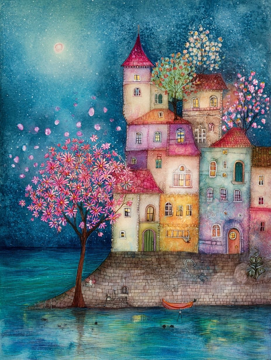 Moonlit Seaside Village Watercolor Print. poster — illustration art