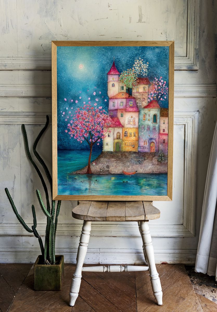 Moonlit Seaside Village Watercolor Print. — room view 1