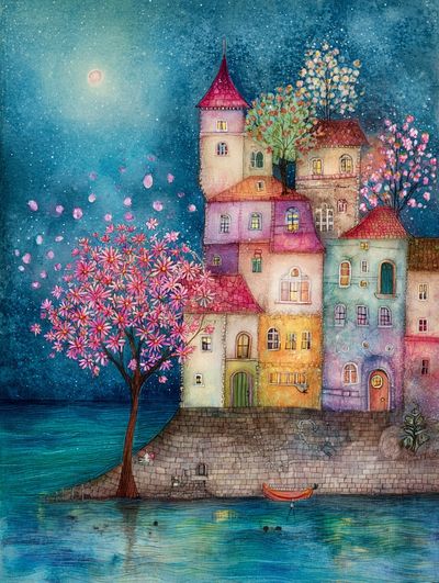 Moonlit Seaside Village Watercolor Print. poster