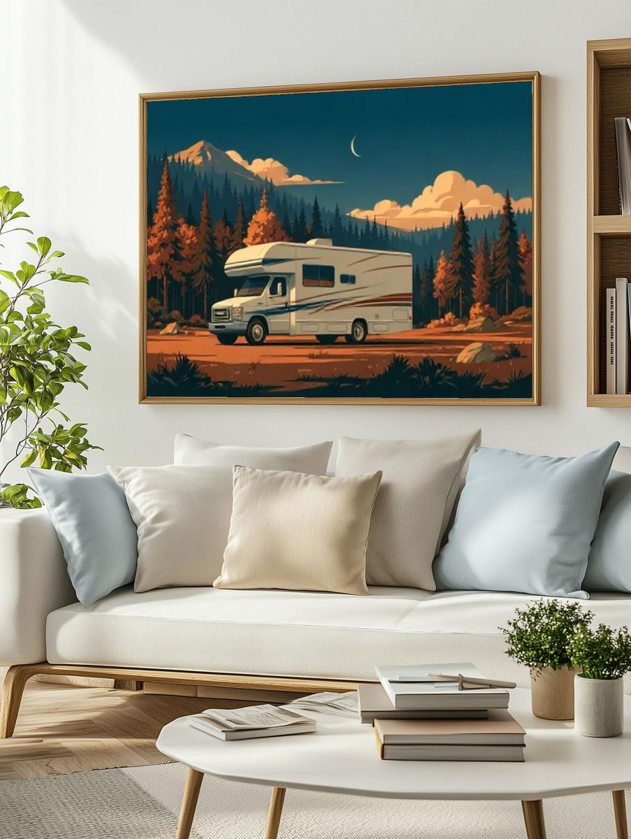 Mountain RV Sunset Illustration Poster. — room view 2