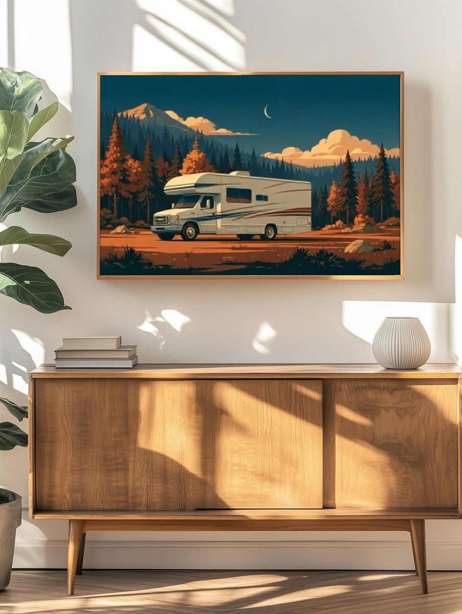 Mountain RV Sunset Illustration Poster. — room view 3