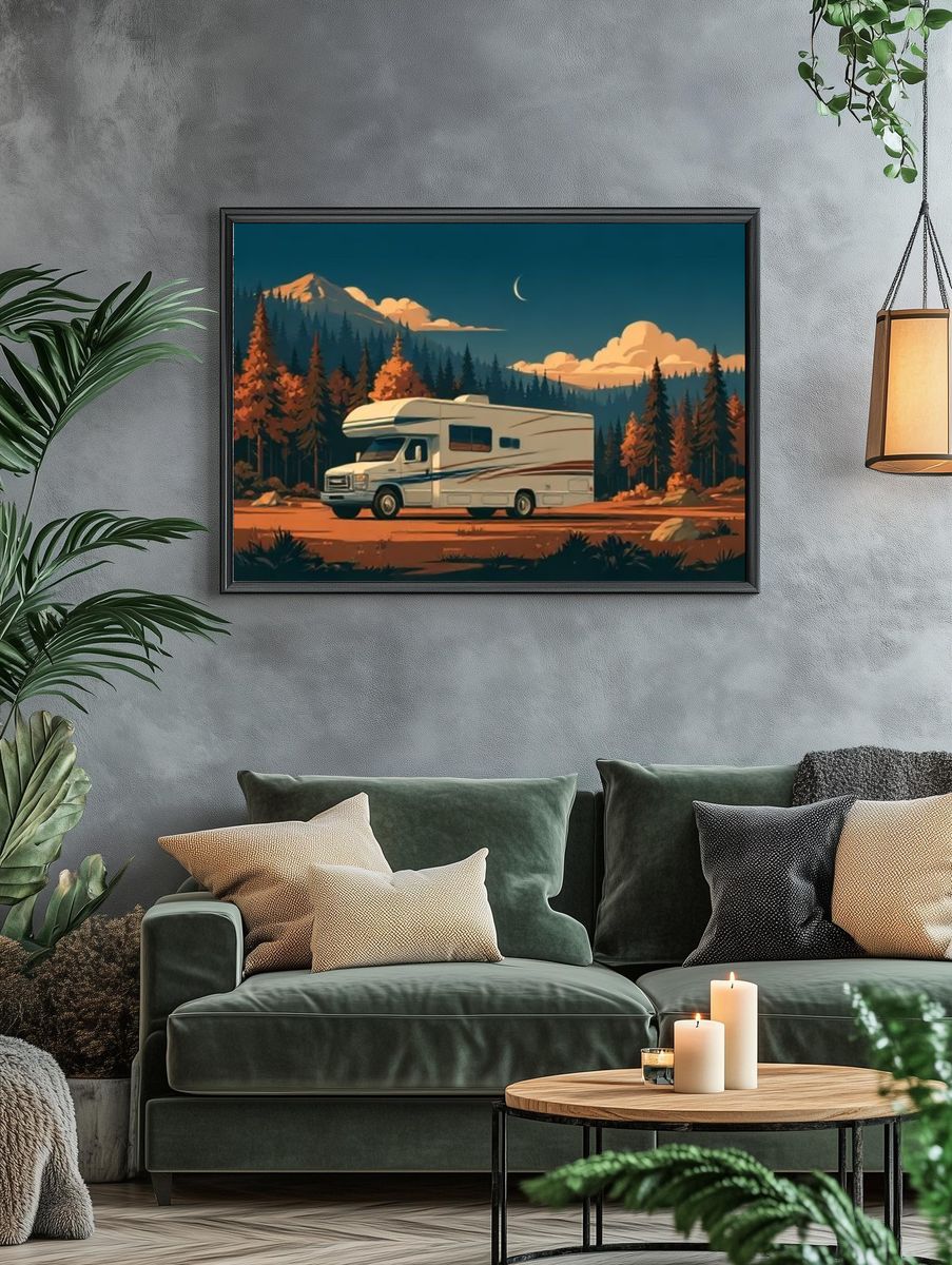 Mountain RV Sunset Illustration Poster. — room view 4