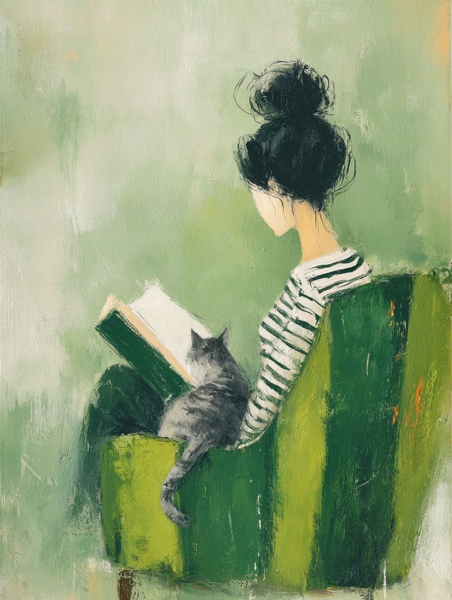 Girl Reading with Cat Illustration Poster. poster detail