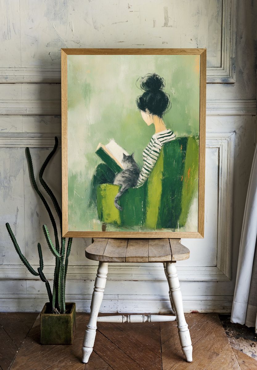 Girl Reading with Cat Illustration Poster room preview