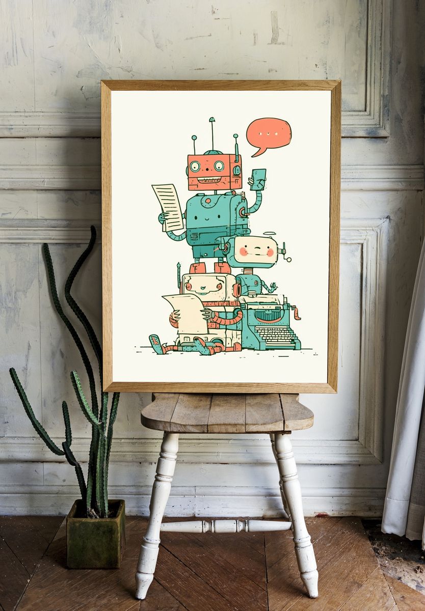 Friendly Robot Stack Illustration Poster. — room view 1
