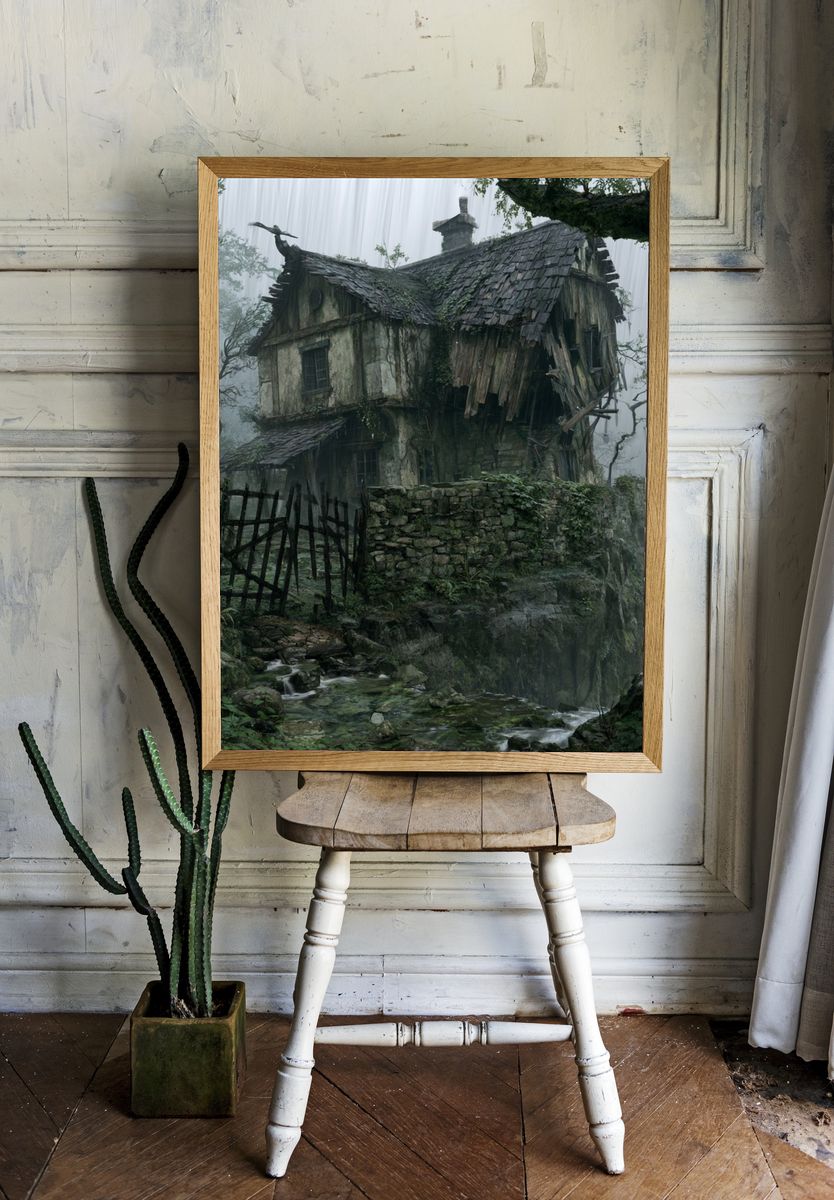 Misty Forest Cottage Illustration Poster. room preview