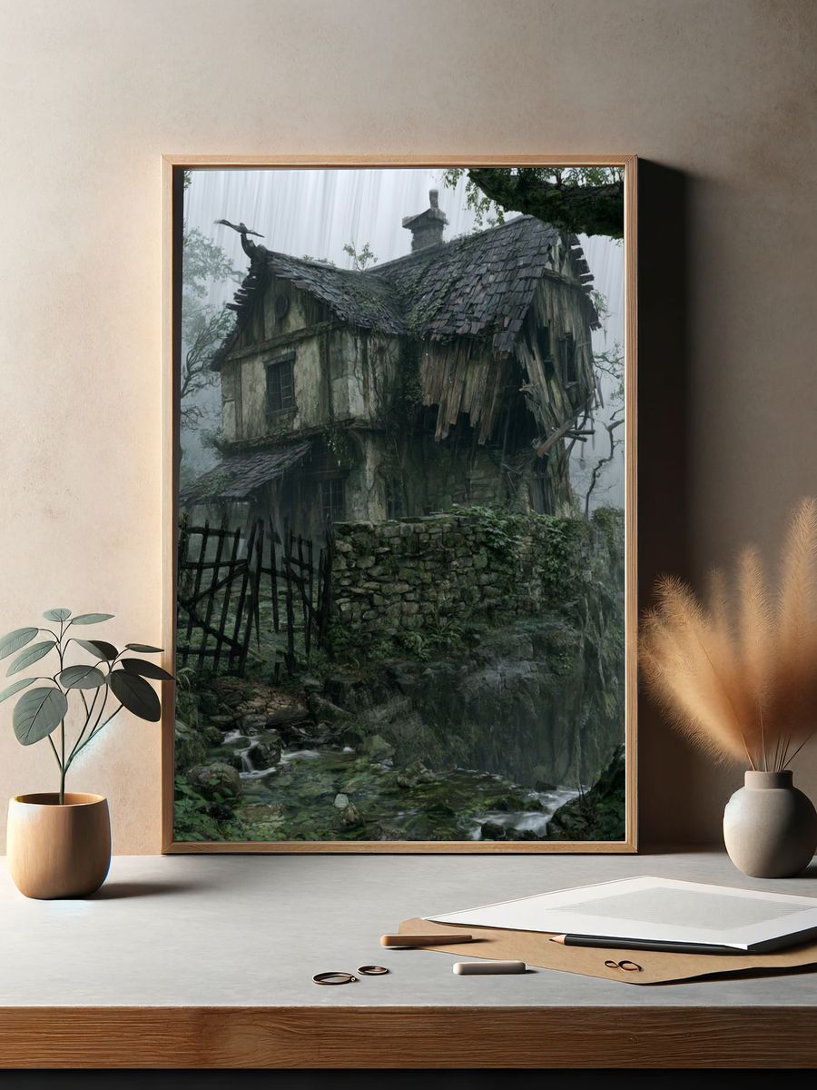 Misty Forest Cottage Illustration Poster. — room view 2