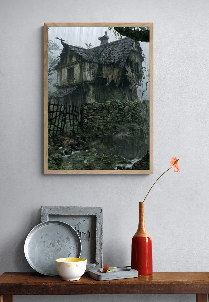 Misty Forest Cottage Illustration Poster. — room view 3