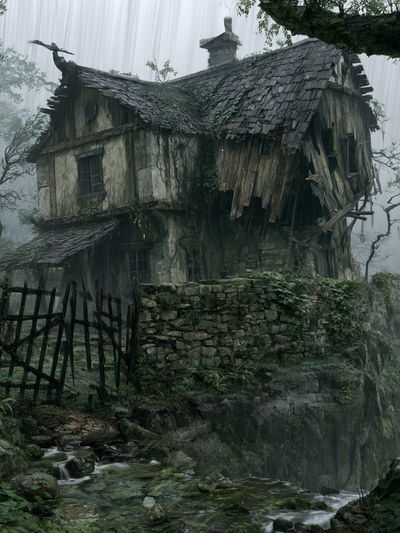 Misty Forest Cottage Illustration Poster. poster print