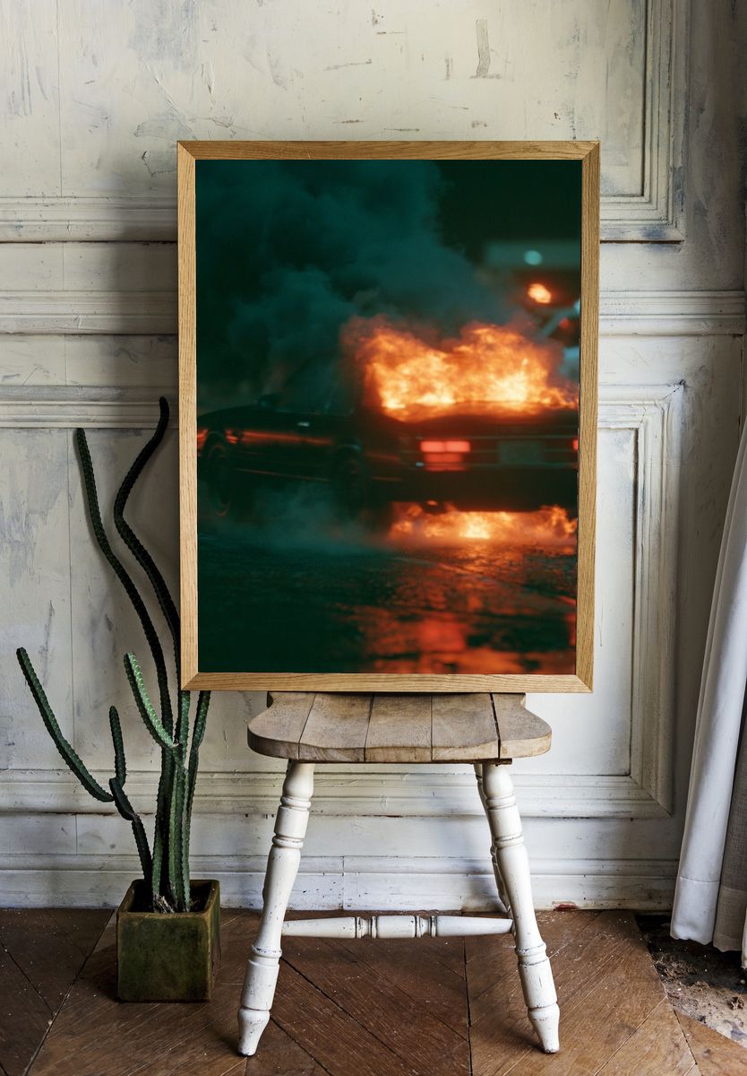 Burning Car Night Scene Poster. room preview