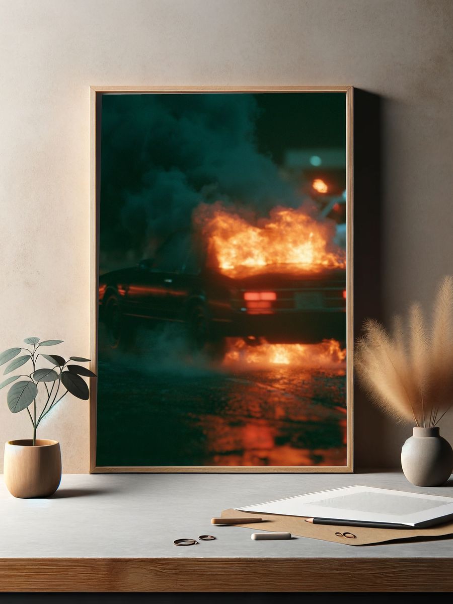 Burning Car Night Scene Poster. — room view 2
