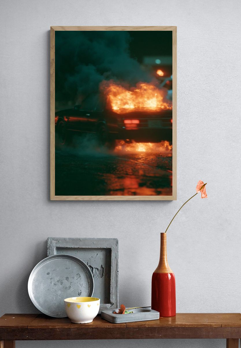 Burning Car Night Scene Poster. — room view 3