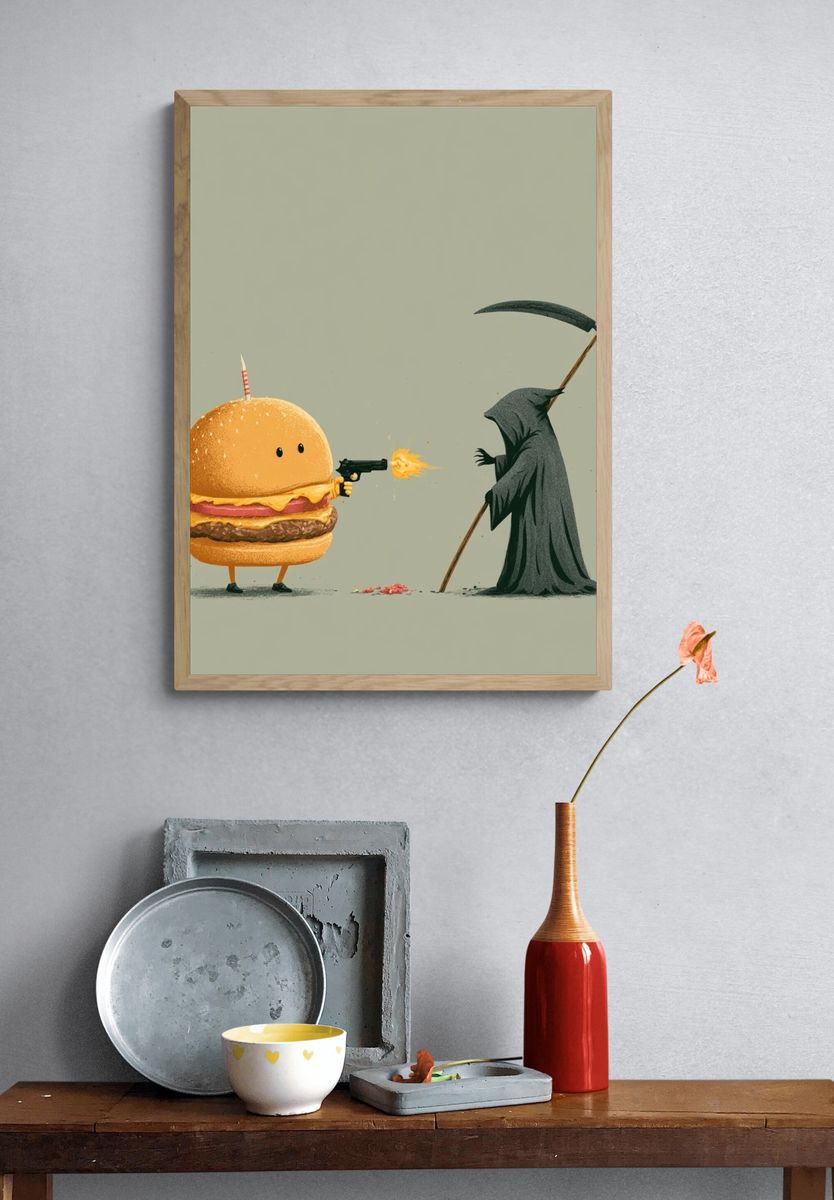 Burger vs Grim Reaper Illustration Poster. — room view 3