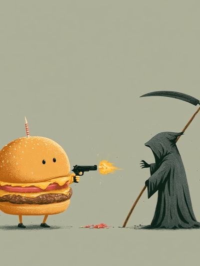 Burger vs Grim Reaper Illustration Poster.