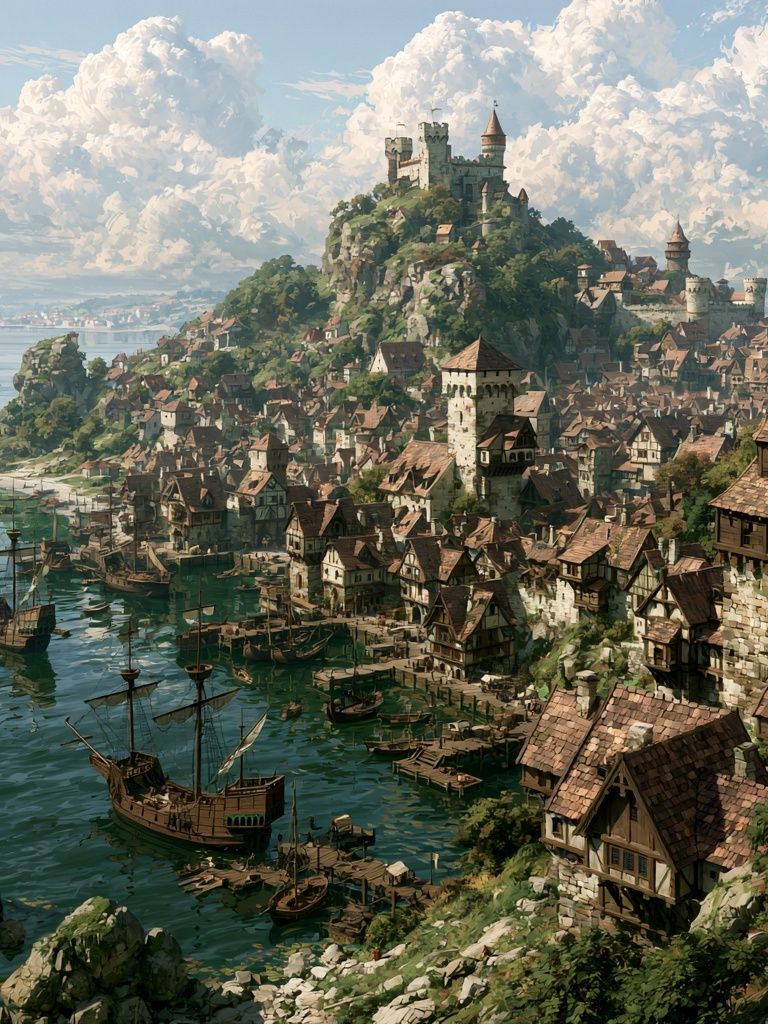 Harbor Castle Fantasy Illustration Poster. poster detail