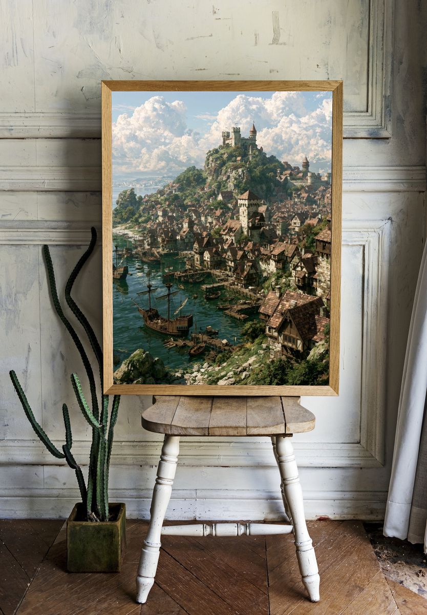 Harbor Castle Fantasy Illustration Poster. room preview