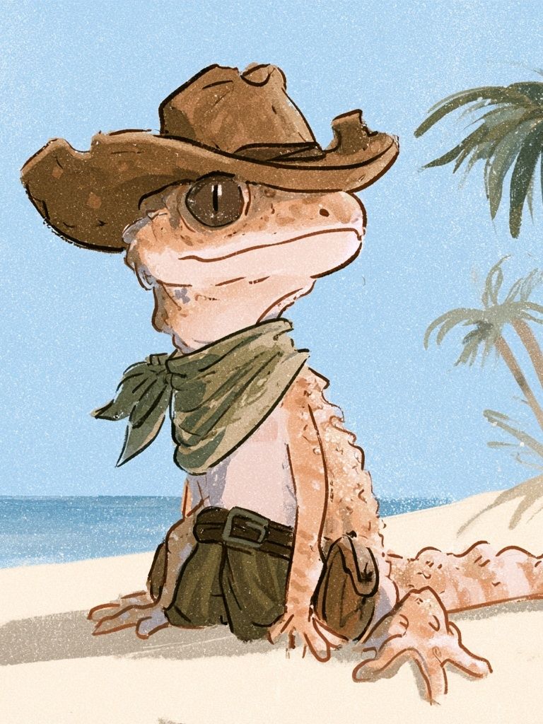 Cowboy Gecko Beach Print. poster — illustration art