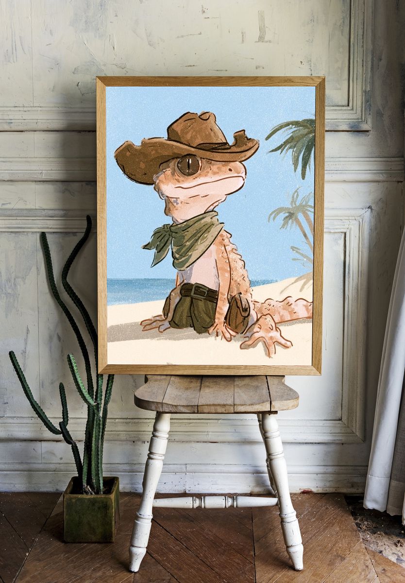 Cowboy Gecko Beach Print. room preview