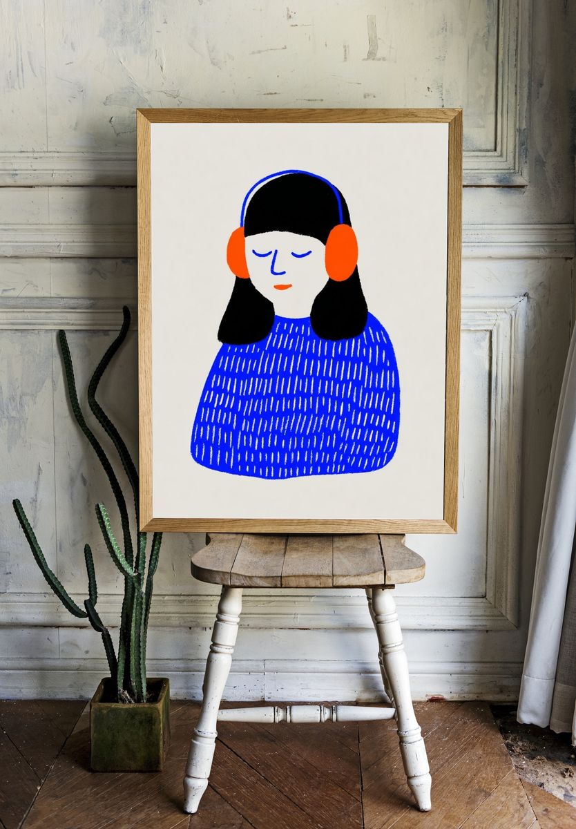 Girl with Headphones Illustration Poster. — room view 1
