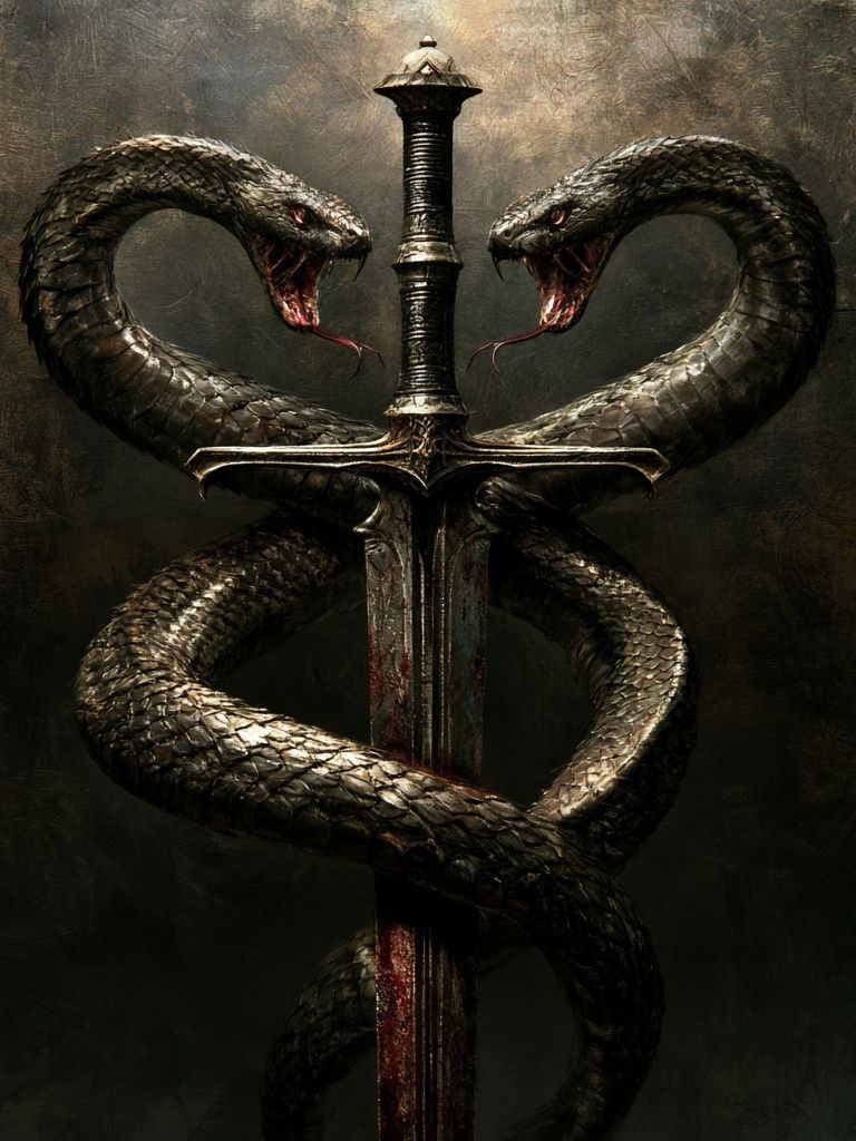 Twin Serpents Sword Illustration Poster. poster detail