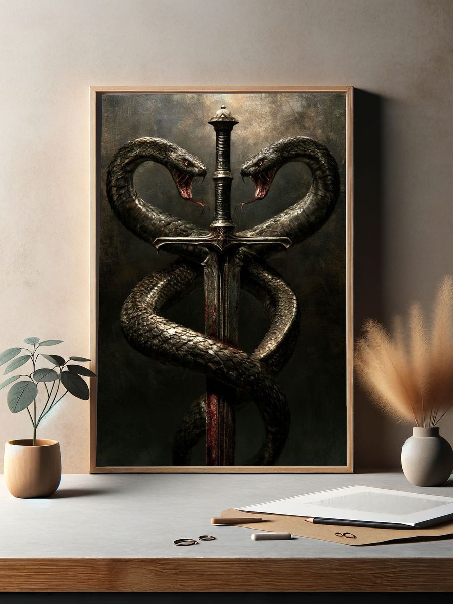 Twin Serpents Sword Illustration Poster. — room view 2