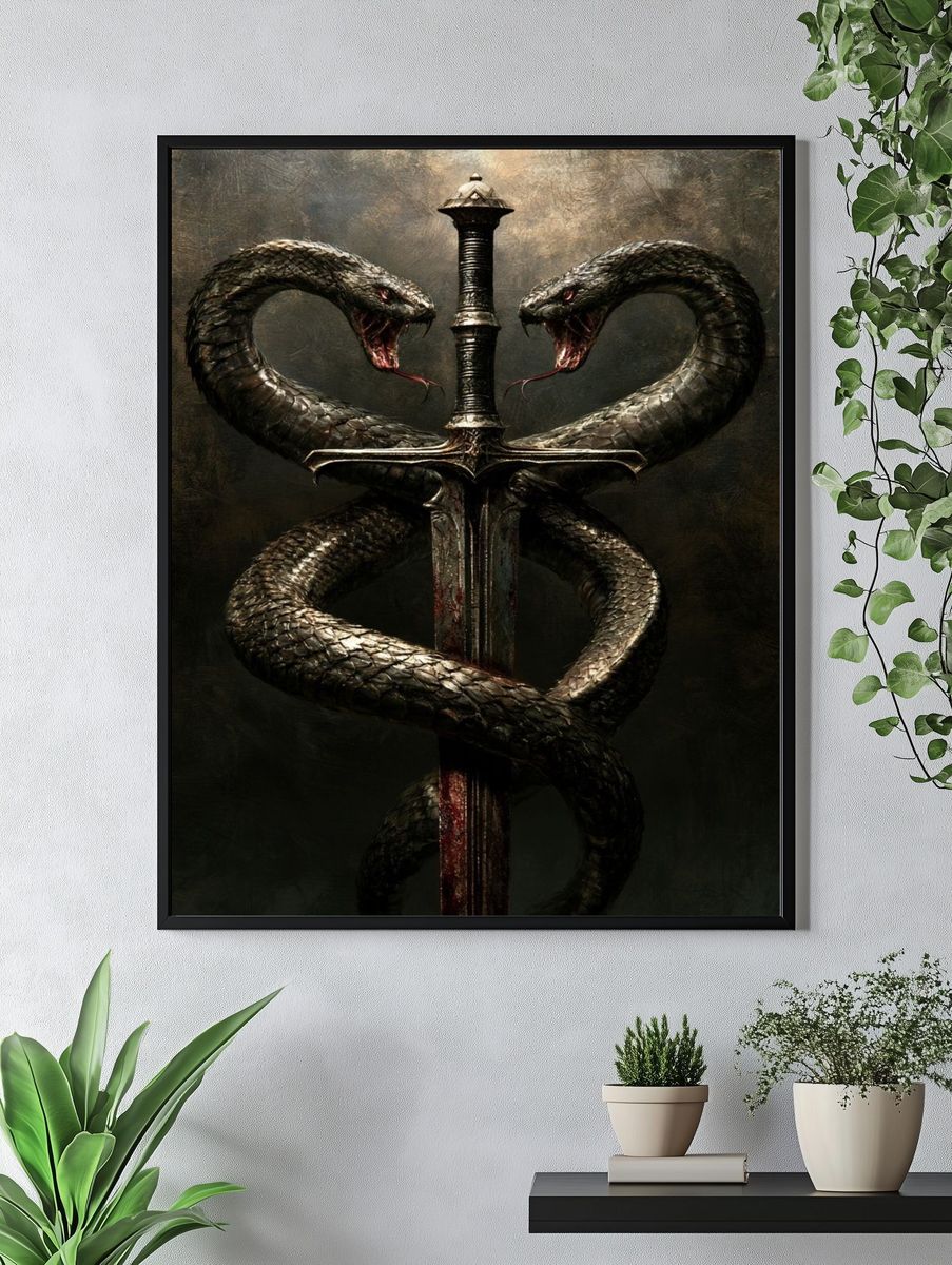 Twin Serpents Sword Illustration Poster. — room view 4
