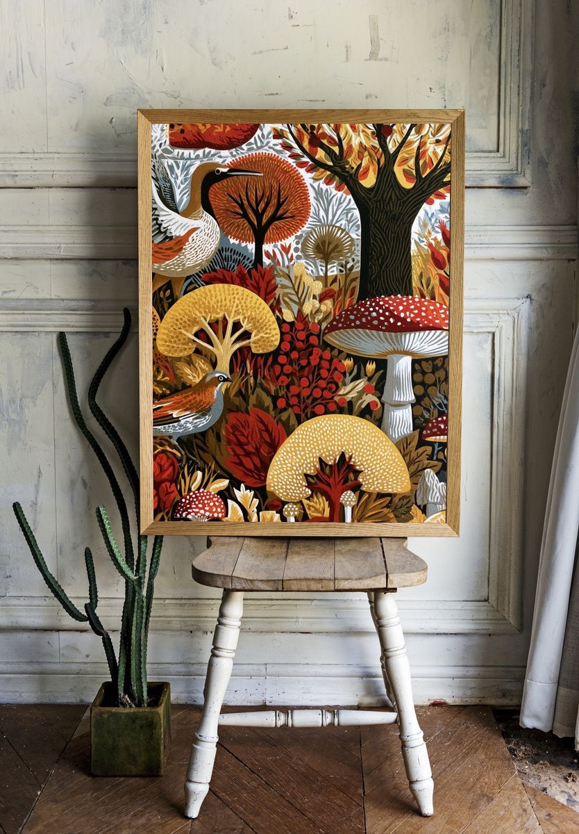 Autumn Woodland Birds Illustration Poster. — room view 1