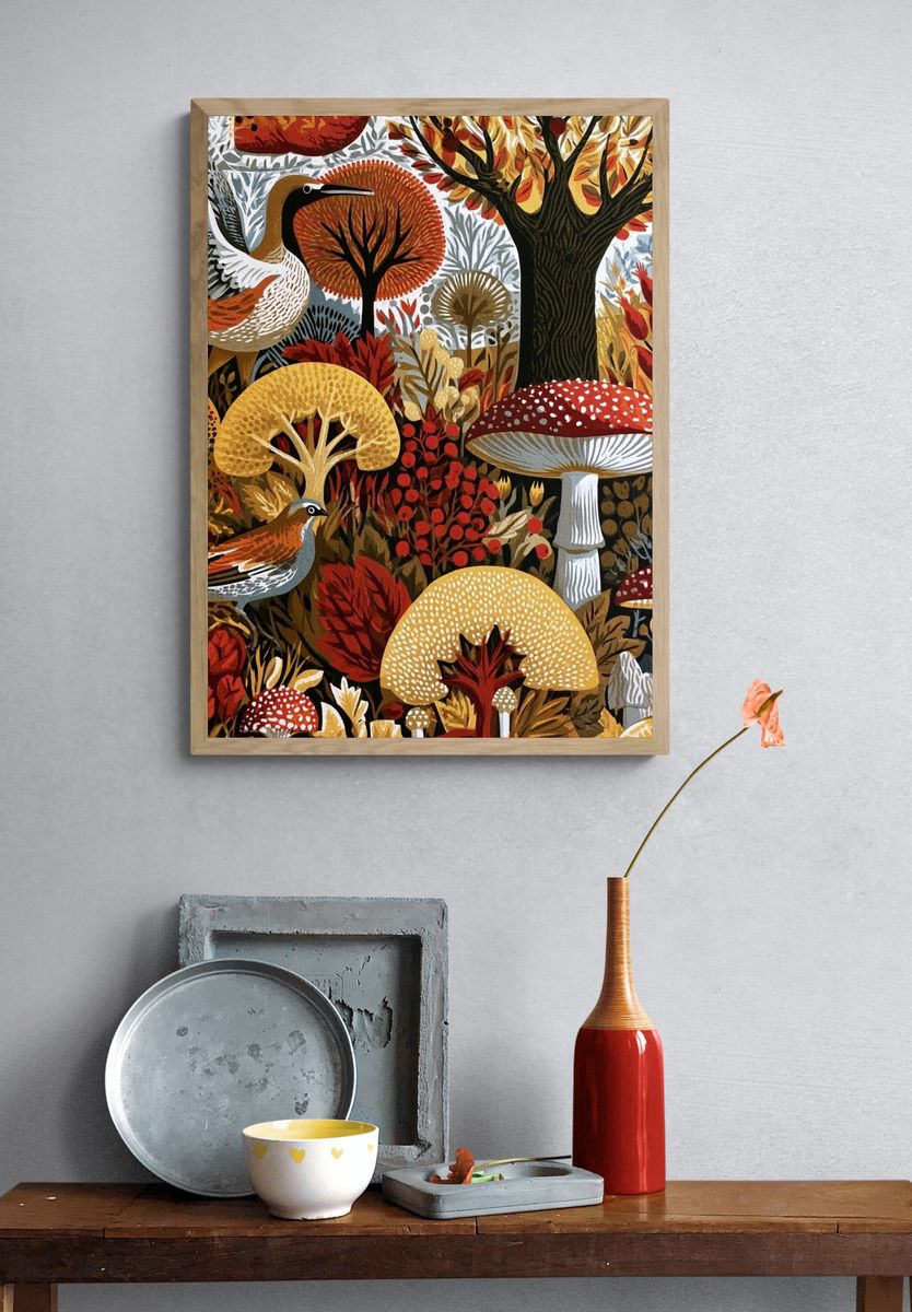 Autumn Woodland Birds Illustration Poster. — room view 3