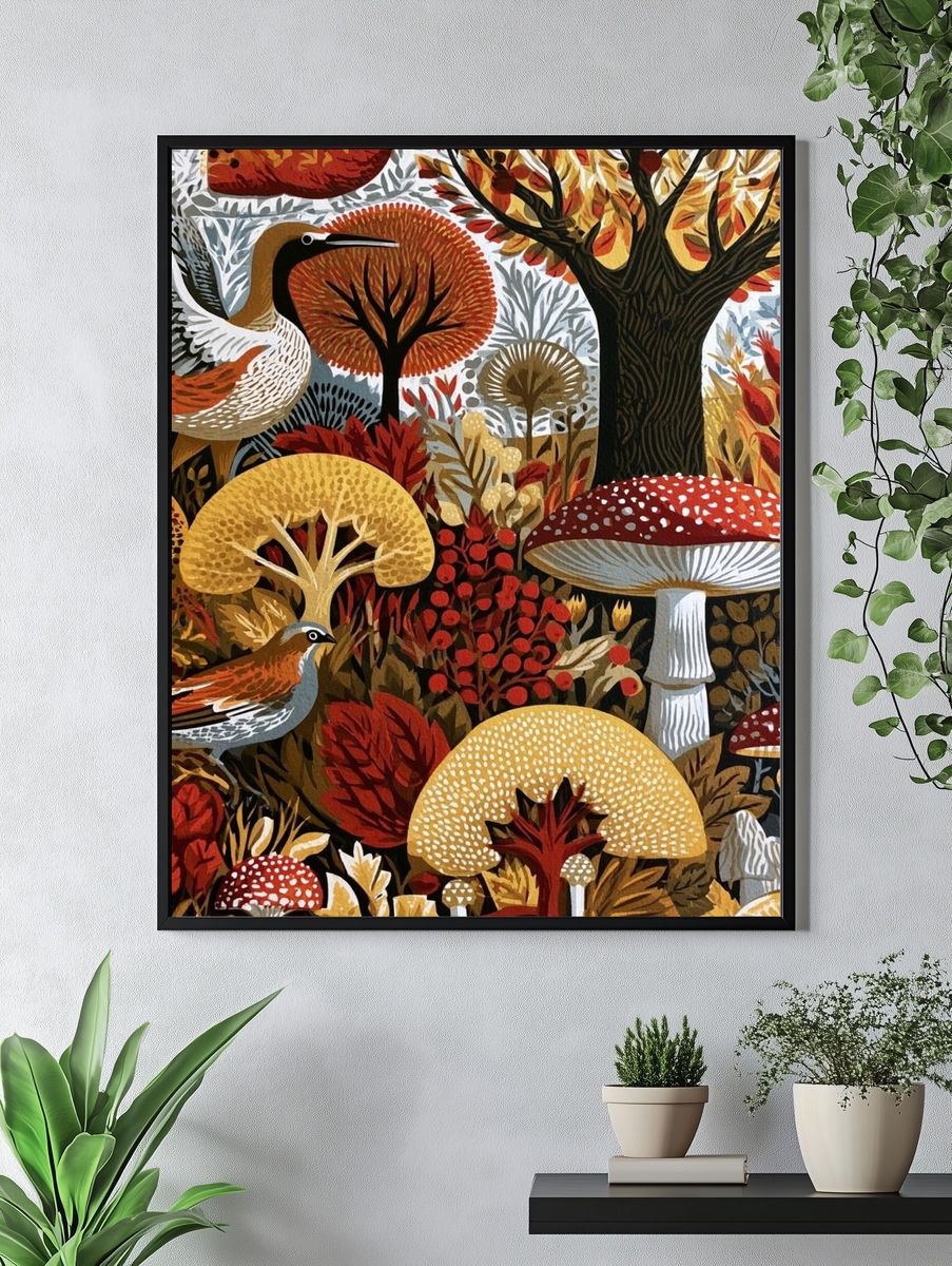 Autumn Woodland Birds Illustration Poster. — room view 4