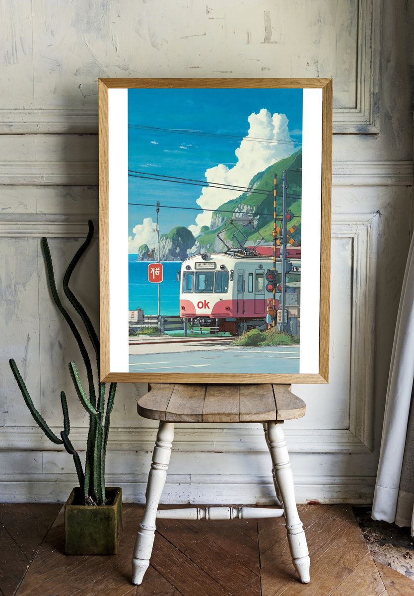 Coastal Train Crossing Illustration Poster. — room view 1