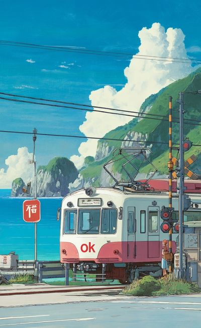 Coastal Train Crossing Illustration Poster. poster print