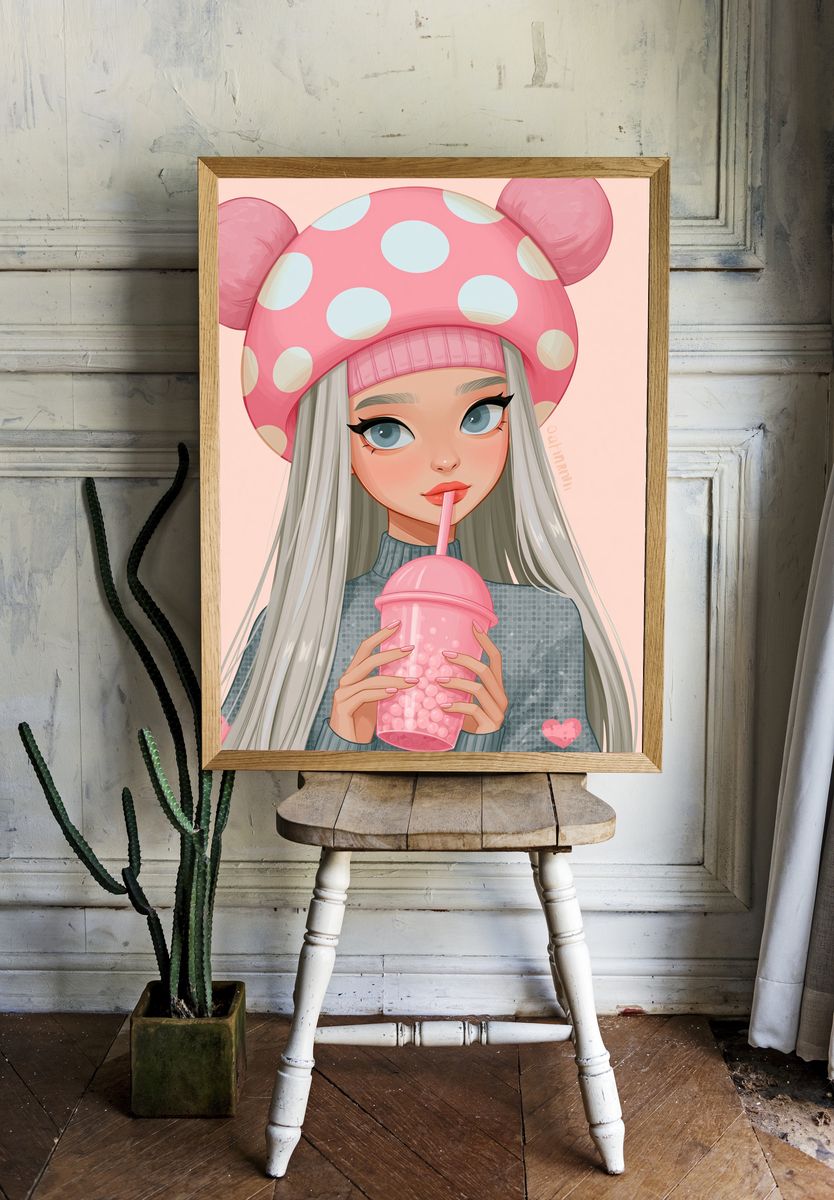 Pink Bubble Tea Girl Illustration Poster. — room view 1