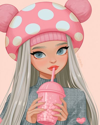 Pink Bubble Tea Girl Illustration Poster. poster