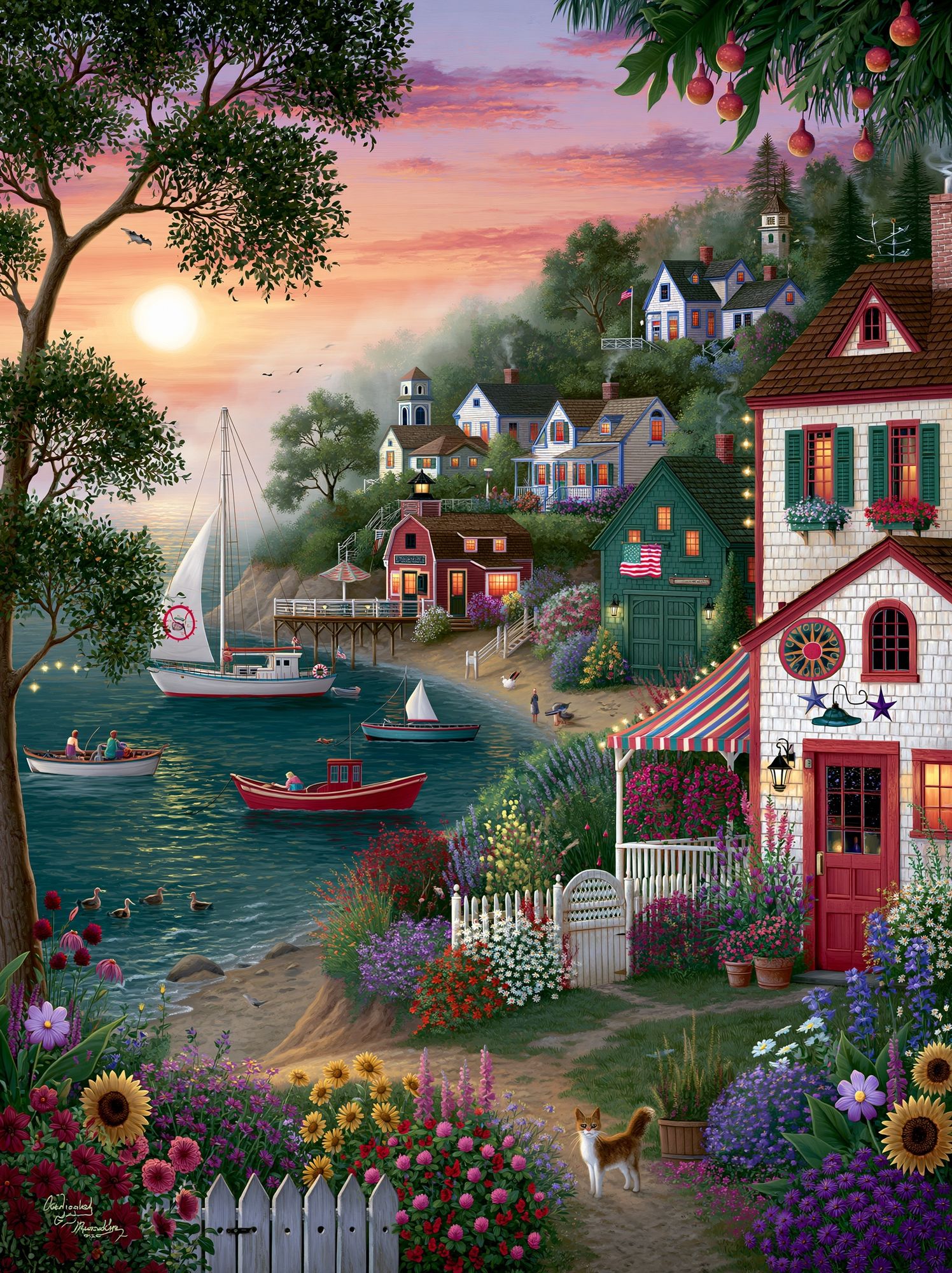 Seaside Village Sunset Illustration Poster. poster — illustration art