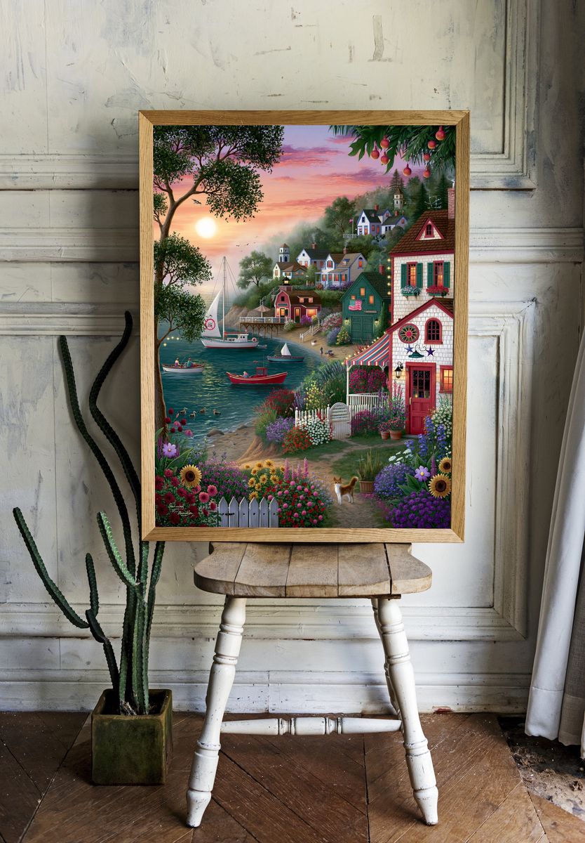 Seaside Village Sunset Illustration Poster. — room view 1