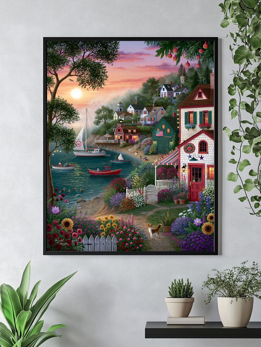 Seaside Village Sunset Illustration Poster. — room view 4